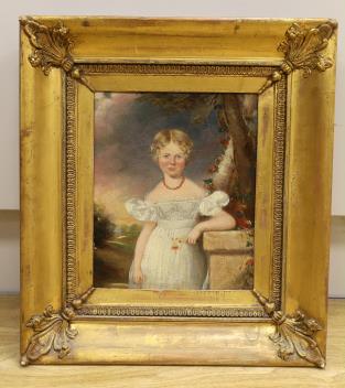 Early 19th century English School, oil on canvas, Three quarter length portrait of a young girl wearing a coral necklace, 23 x 19cm, ornate gilt frame